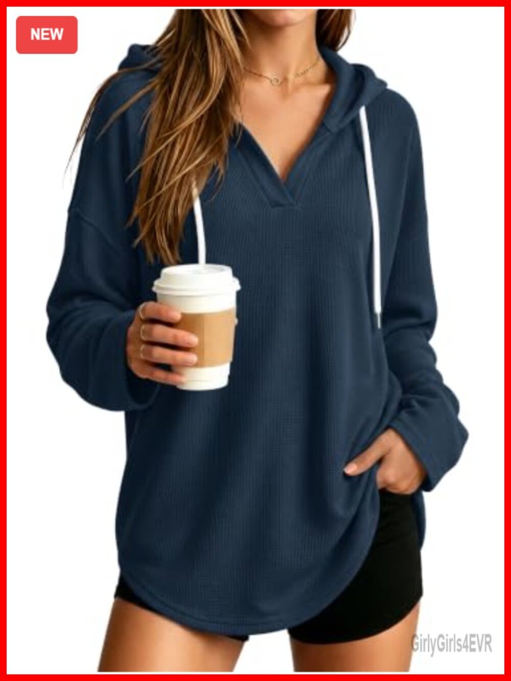 Waffle Knit Oversized Hoodie Sweatshirt Drop Shoulder V-Neck Pullover